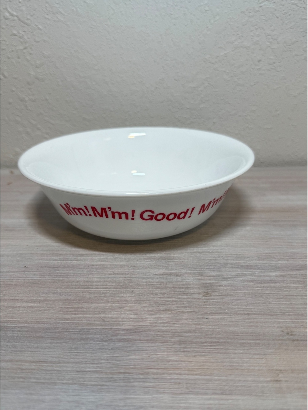 Corelle White Ceramic Cereal Bowl with Red Text "M'm! M'm! Good!"